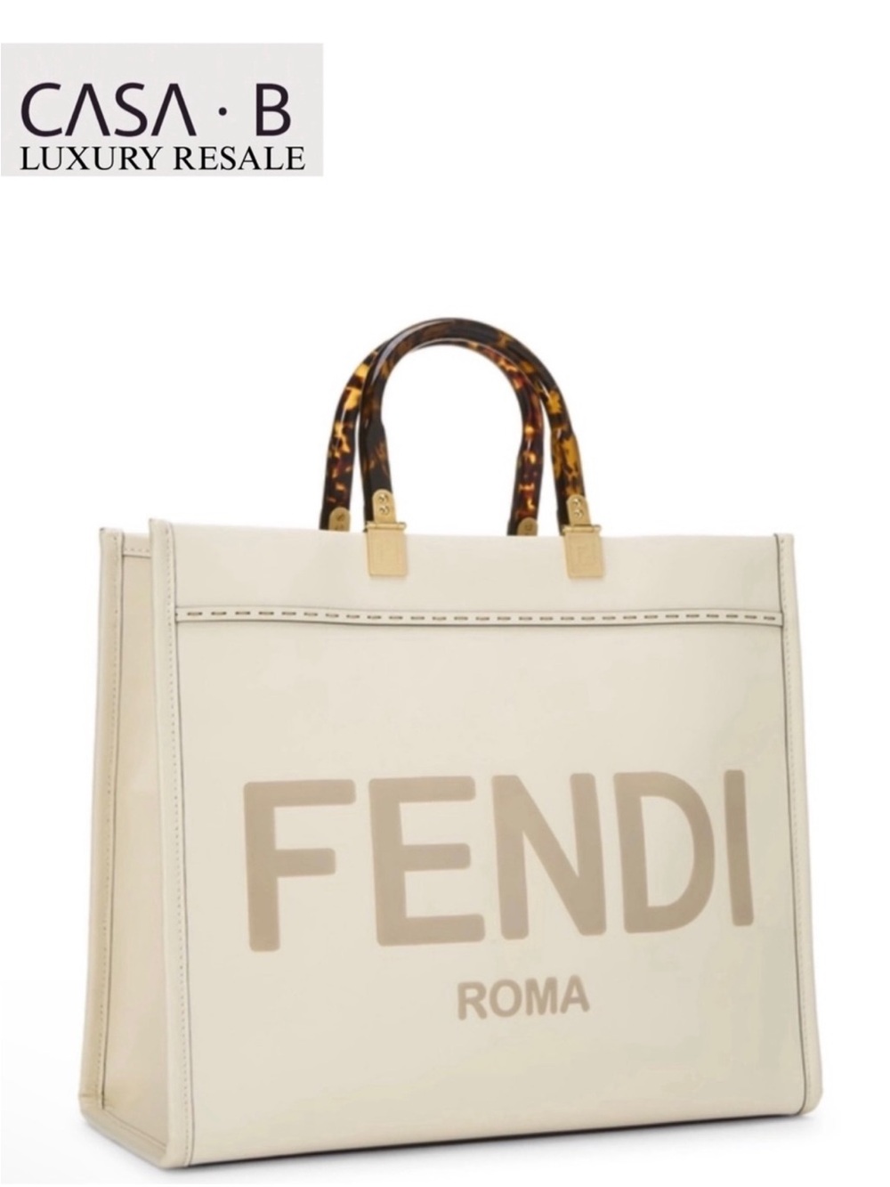 CASA B RESALE| Fendi Cream Roma Shopper Tote with Tortoiseshell Handles Large